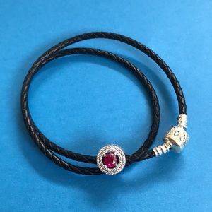 Pandora double black leather bracelet w/red charm